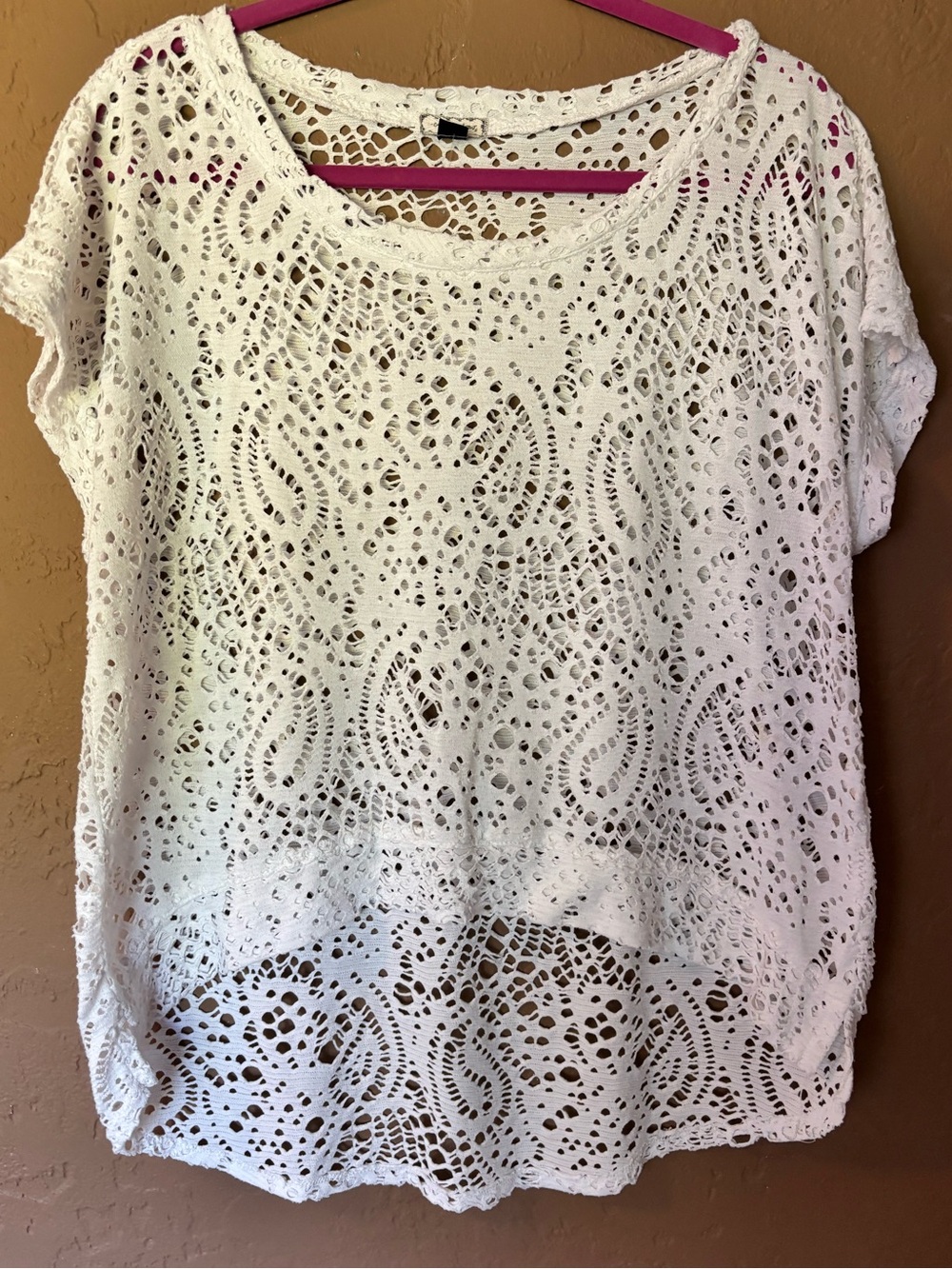 Eyeshadow Brand White‎ Crochet Lace Overlay Top XL Boho Beach Cover Up High Low